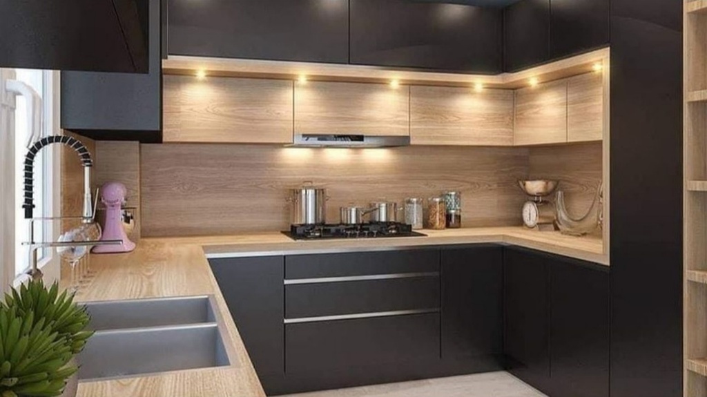 U shape fitted kitchen cabinets with top compartments having fall flap doors for storage with fitted lightings under the top units and base units with sink and cooker cabinets in wenge and beech HDF melamine boards.