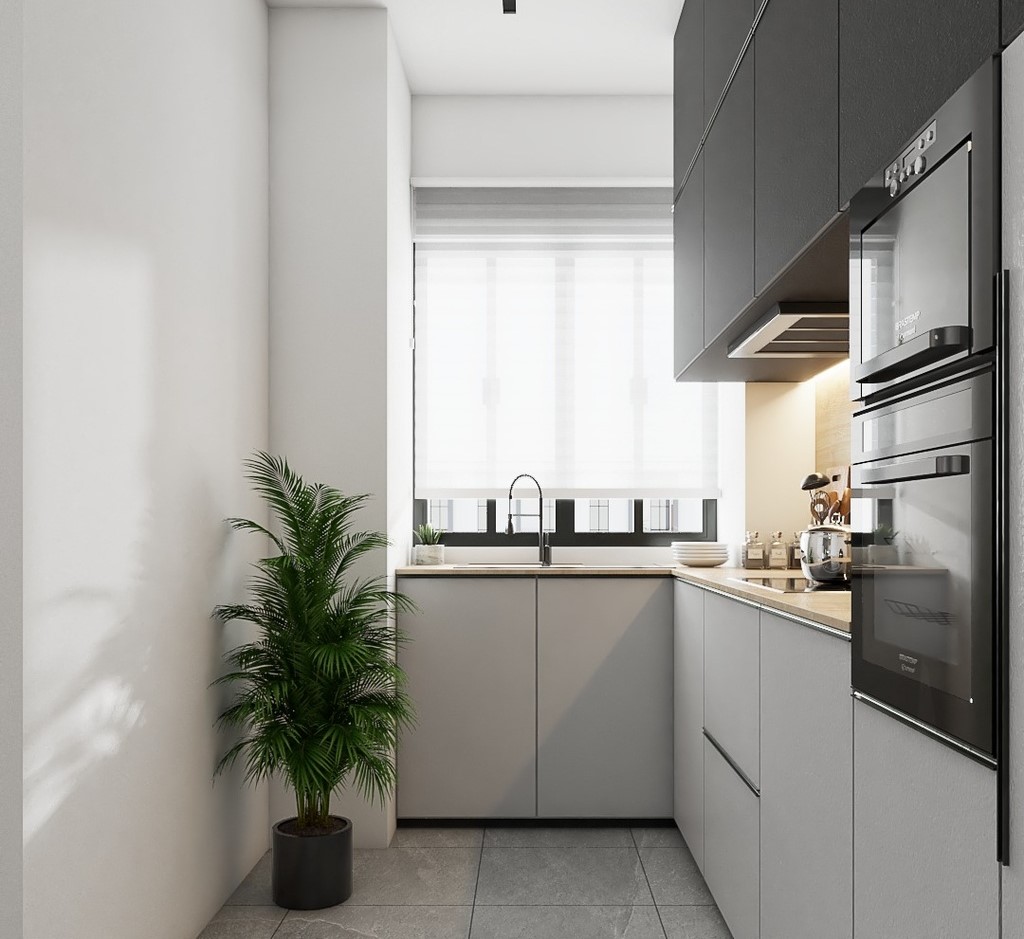 L Shape fitted floor to ceiling modular kitchen unit with cooker, oven and extractor cabinet