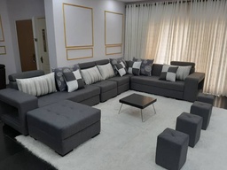 DTV Harmonic Sofa Set with Ottoman, 4 Puff Stools and Throw Pillows