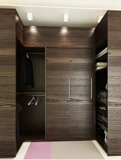 In built U shape wardrobe with sliding doors and 2 side shelves with drawer